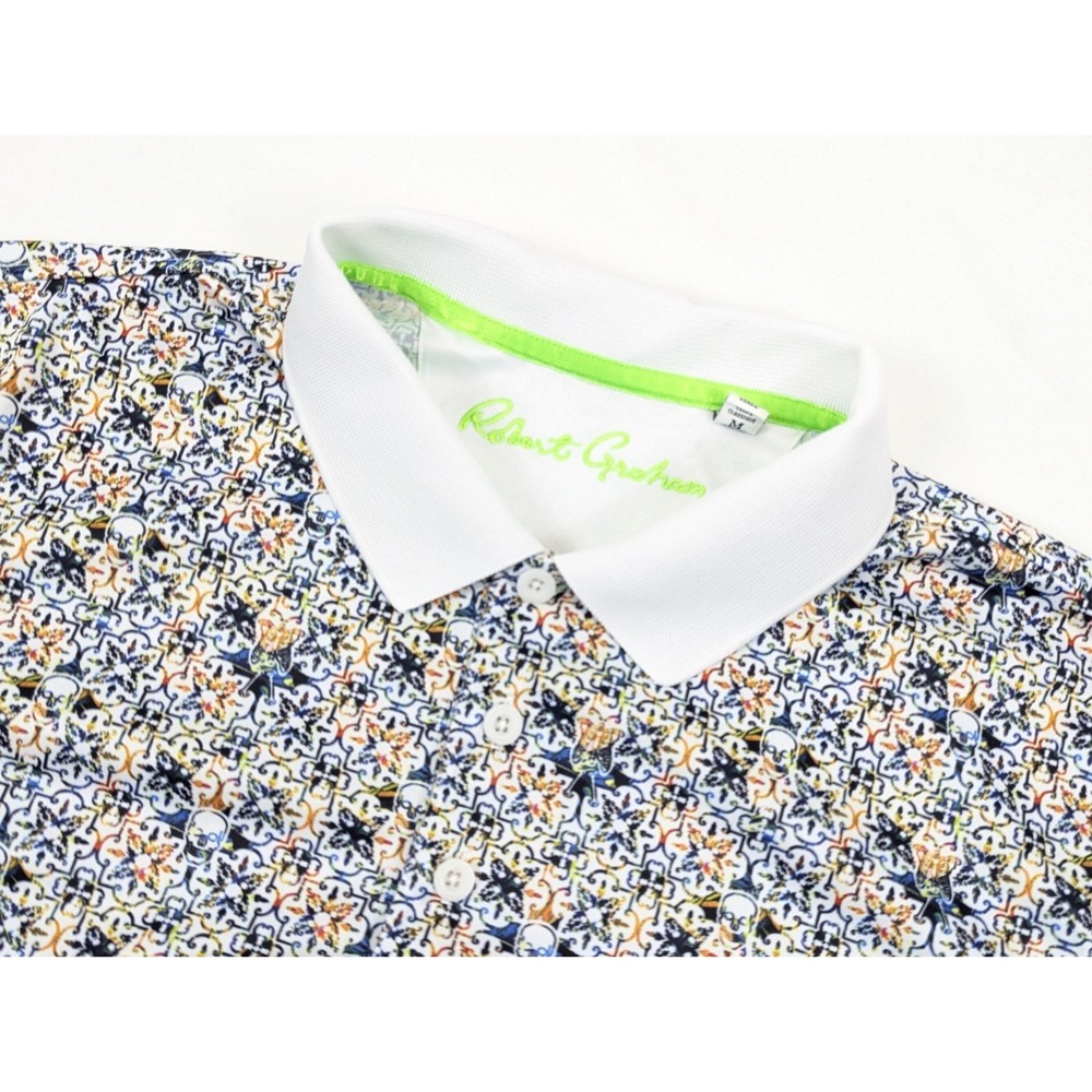 Robert Graham Polo Shirt Mens Medium Performance Skull Aztec Print Classic White